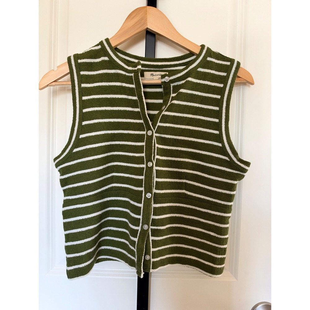 Madewell Womens Green White Split-Crewneck Cardigan Tank Size M Textured